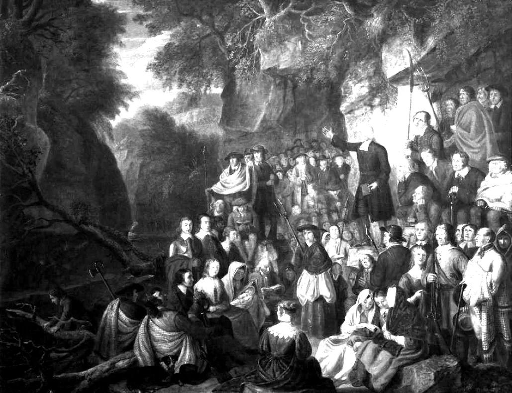 Covenanters in a Glen, painting by Alexander Carse, showing an illegal conventicle, 1680s.